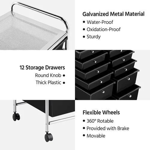 Vista 5 de Topeakmart Organizador de carrito con ruedas de 12 cajones, cajones de almacenamiento de plástico, carrito utilitario, 360 ruedas, color negro