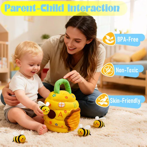 Vista 5 de Juguetes para bebés de 6 a 12 meses, juguetes Montessori de colmena para niños de 1 año con 5 abejas sensoriales de peluche, arrugados, sonajeros