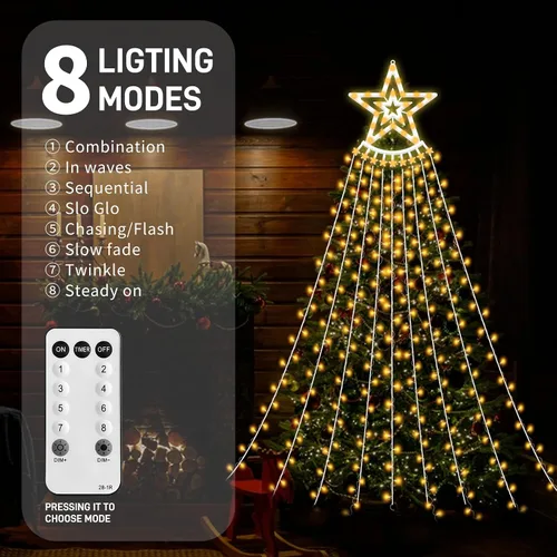 Vista 5 de VTZNOJ 350 LED Guirnalda de luces de estrella para decoración de Navidad, impermeables, luces de cascada estrelladas con 8 modos de luz, control