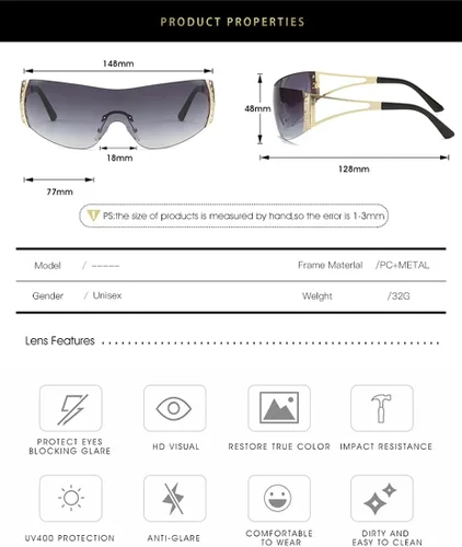 Vista 6 de Palarado Gafas de sol envolventes Y2K Shield de moda para mujeres y hombres sin montura plana de los años 2000 sin marco futuristas