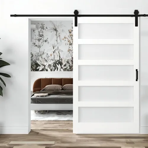 Vista 6 de BARNER HOME Puerta corrediza de granero de 48 x 84 pulgadas, MDF, imprimada, 5 paneles de vidrio, necesita montar, con herrajes de 6.98 pies, mango