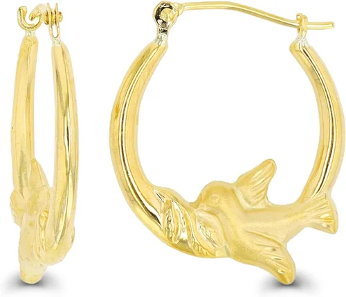 Vista 16 de Aretes de aro de oro amarillo de 14 quilates con múltiples formas de cierre con bisagras, alas y corazón, paloma y querubín, aretes de oro macizo
