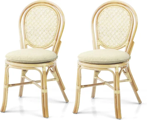 Vista 17 de Denver Dining - Silla auxiliar de mimbre hecha a mano con cojín color crema, ratán natural, colonial
