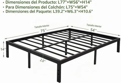 Vista 2 de 45MinST Marco de cama de plataforma de 14 pulgadas, base de colchón de fácil montaje, listones de acero resistente de 3000 libras, sin ruido,