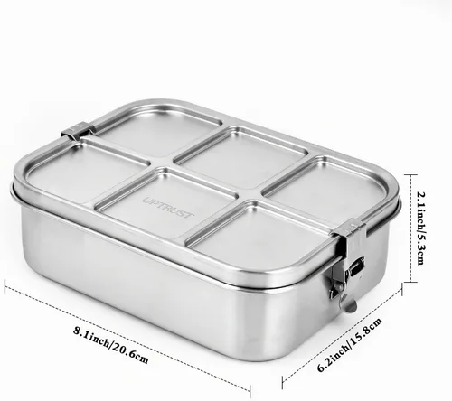 Vista 3 de UPTRUST Fiambrera Bento de acero inoxidable, 3 compartimentos, caja Bento de metal grande de 47.3 fl oz para niños o adultos, contenedor con clips