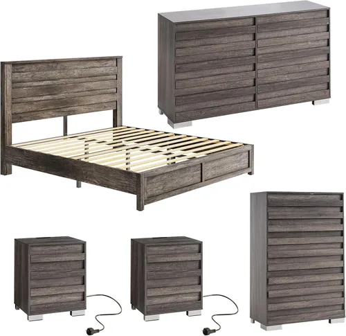 Vista 14 de Juego de 5 piezas para dormitorio de granja, incluye marco de cama tamaño Queen con cabecera alta, cómoda rústica de 6 cajones, cómoda alta de 5