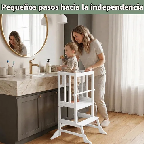 Vista 7 de COSYLAND Torre de pie para niños pequeños, taburete de cocina de altura Blanco