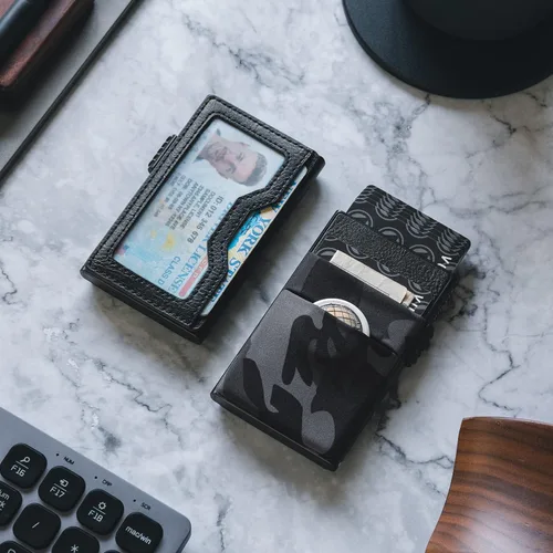 Vista 48 de VULKIT Billetera minimalista con ventana de identificación y bolsillo EDC con bolsillo desplegable para tarjetas de crédito y bloqueo RFID, diseño