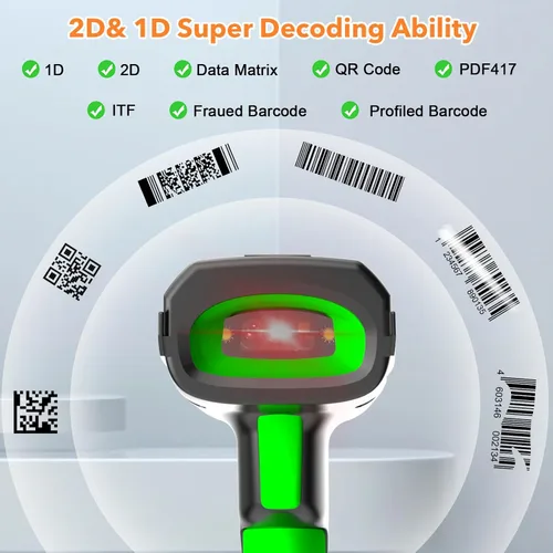 Vista 2 de Symcode Escáner de código de barras de pantalla 2D inalámbrico con soporte de carga, 2 en 1 inalámbrico 433 MHz y Bluetooth 2600 mAh 1D 2D escáner