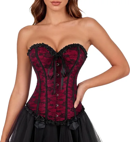 Vista 9 de Zhitunemi - Corsés para disfraz de vampiro para mujer: Corsé floral para mujer, trajes de Moulin, burlesque Beige