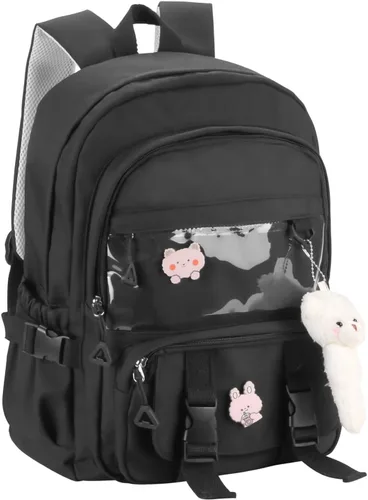 Vista 8 de Phaoullzon Mochila Kawaii para niñas, mochila escolar linda de anime con alfileres y colgante, Beige, Mediana, Moderno