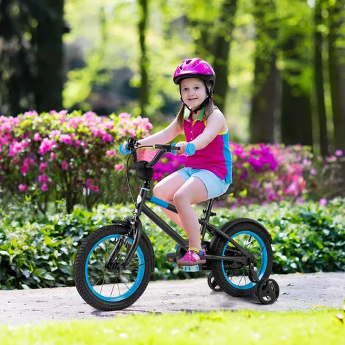 Vista 2 de BABY JOY Bicicleta infantil de macarones coloridos, de 12, 14, 16 y 18 pulgadas, bicicleta deportiva para niños con ruedas de entrenamiento