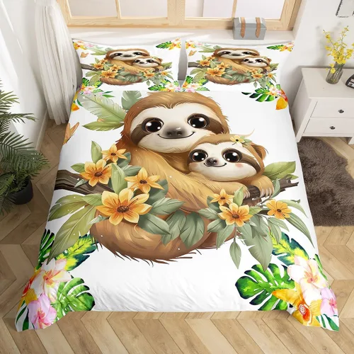 Vista 11 de Erosebridal Juego de ropa de cama de perezoso tamaño individual, adorable funda de edredón de perezoso en el árbol para niños y niñas, funda