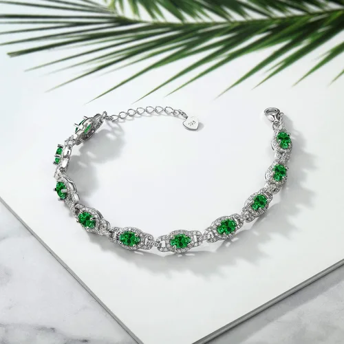 Vista 4 de Gem Stone King Pulsera de tenis de plata de ley 925 ovalada verde simulada para mujer (7.45 quilates, 7 pulgadas, con extensor de 1 pulgada), Plata