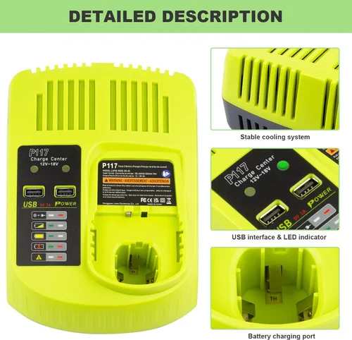 Vista 3 de Reemplazo Ryobi P117 P118 P119 Cargador de química dual Li-ion y Ni-cad Ni-Mh Cargador de batería 12V 18V MAX para batería Ryobi One+ Plus 1400670