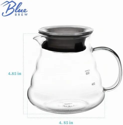 Vista 6 de Blue Brew Gama de vidrio transparente Servidor de café para verter sobre café y té, 20.3 fl oz (20 onzas) resistente al calor, jarra, cafetera