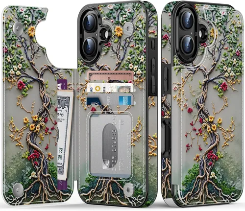Vista 30 de FUNMIKO Funda tipo cartera para iPhone 15 con tarjetero + clip para efectivo, bloqueo RFID, protección contra caídas de grado militar y obras