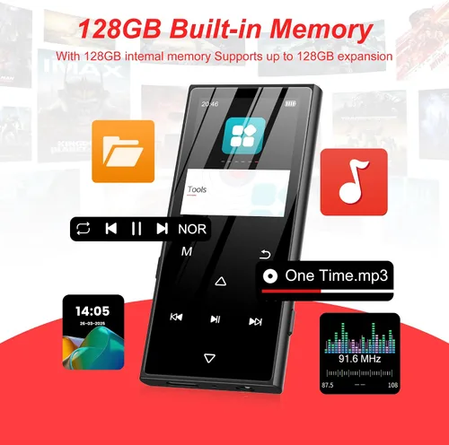 Vista 2 de Reproductor MP3 de 128 GB con Bluetooth 5.3 - Reproductor de música SWOFY D50 con altavoz HD integrado, radio FM, grabadora de voz, sonido de alta