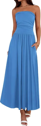 Vista 16 de BTFBM Vestidos largos de verano para mujer, vestido sin tirantes Marrón