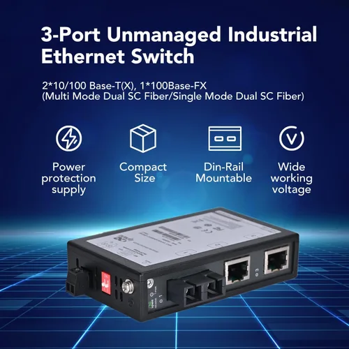 Vista 5 de InHand Networks - Conmutador Ethernet industrial no administrado de 3 puertos, convertidor de medios, 2* 10/100 Base-T (X), 1* 100Base-FX, fibra SC