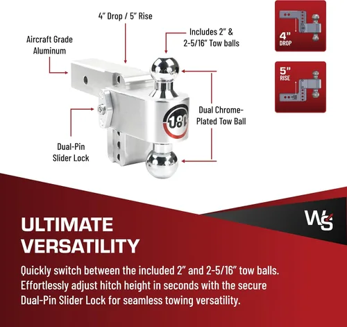 Vista 4 de Weigh Safe Soporte de bola de enganche de remolque ajustable, enganche de caída ajustable de 4 pulgadas para receptor de 2.5 pulgadas con juego de 4
