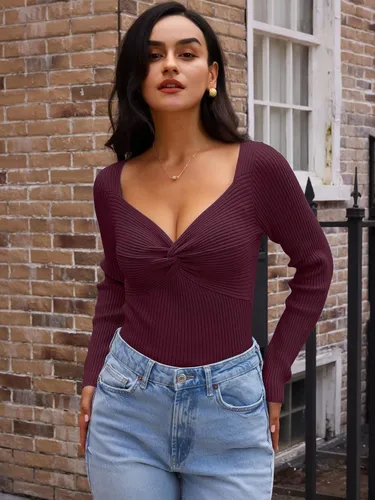 Vista 9 de LILLUSORY Ropa de otoño con nudo torcido 2025 para mujer, trajes de moda con parte superior acanalada de manga larga