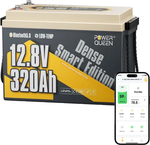 Vista 18 de Power Queen - Batería de litio LiFePO4 de 12 V/100 Ah con Bluetooth, batería de ciclo profundo de corte de baja temperatura con BMS de 100 A, 1280