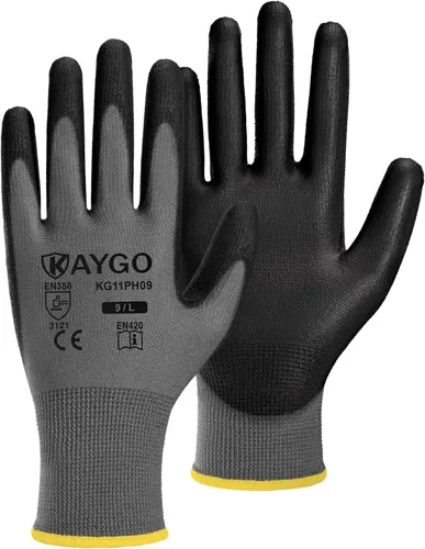Vista 93 de KAYGO KG11PB - Guantes de trabajo de seguridad con revestimiento de poliuretano, 12 pares de guantes de punto sin costuras para hombres y mujeres