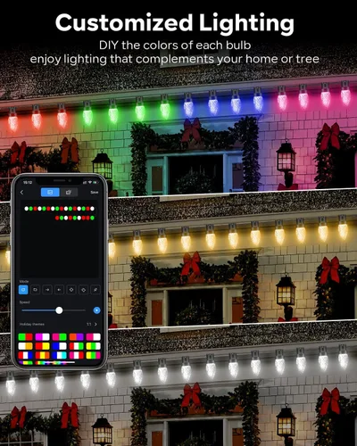 Vista 2 de Avatar Controls Luces de Navidad inteligentes C9 para exteriores, 33 pies, 50 LED, aplicación y control remoto, sincronización de música, 16 M