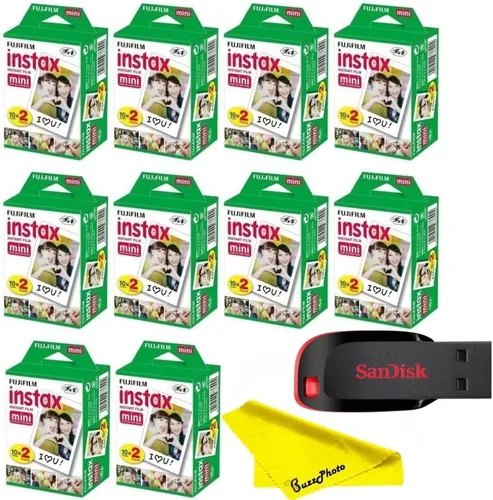 Vista 9 de Fujifilm Película Instax Mini para cámara instantánea con unidad flash USB Sandisk de 32 GB + 2 paquetes mini dobles (40 hojas) y paño de limpieza
