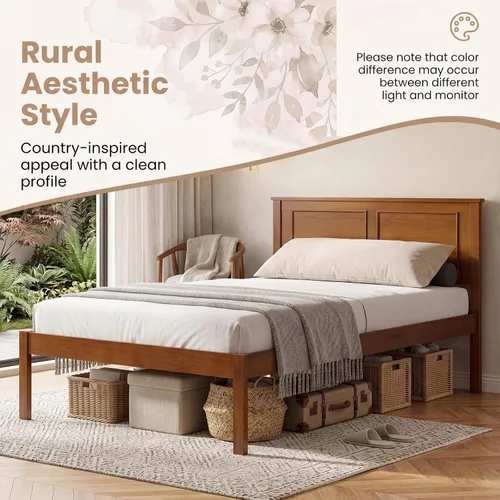 Vista 8 de KOMFOTT Twin Size Bed Frame, Farmhouse Wooden Platform Bed with Headboard Walnut