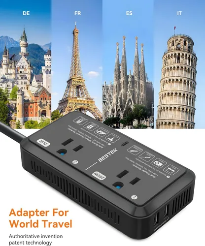 Vista 2 de Adaptador de enchufe de viaje europeo de 220 V a 110 V Convertidor de voltaje de EE. UU. a Europa 2000 W Convertidor de voltaje de viaje con 2 Negro