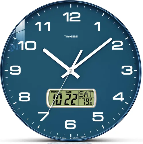 Vista 10 de Reloj de pared TIMESS, de 14" con gran esfera silenciosa y sin tictac, funciona con pilas, analógico con pantalla LCD para calendario perpetuo