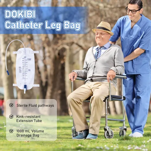 Vista 7 de Bolsas de pierna para catéter de 1000ml, bolsa de drenaje urinario para hombres y mujeres con válvula anti reflujo, tubos de 18 pulgadas y correas