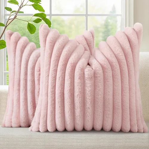 Vista 32 de decorUhome Fundas de almohada de piel sintética, juego de 2, decorativas, afelpadas, suaves, afelpadas, a rayas, parte posterior de terciopelo