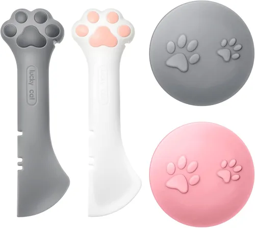 Vista 2 de Outus Juego de 4 tapas y cucharas para latas de comida para perros y gatos, juego de espátulas multifunción, abridor de espátula, fundas de silicona