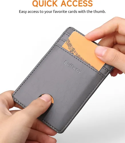 Vista 3 de Buffway Billetera delgada para hombre, minimalista con bolsillo frontal delgado, tarjetero de cuero con bloqueo RFID para viajes de trabajo