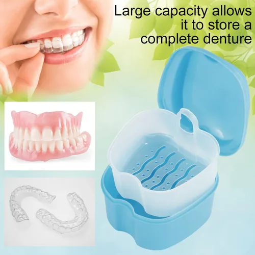 Vista 3 de Estuche de dentadura para dentadura postiza, caja de almacenamiento de dientes falsos con cesta de enjuague, caja de almacenamiento portátil