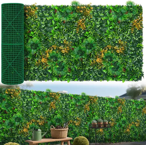 Vista 12 de Paneles de pared de césped de 20 x 20 pulgadas, 16 piezas de fondo de vegetación artificial con hojas resistentes a los rayos UV, decoración