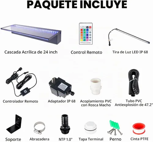 Vista 2 de Fuentes de estanque de acrílico con aplicación de 24 pulgadas, luz LED multicolor, cascadas de piscina al aire libre, cascadas de agua, patio