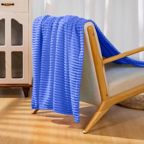 Vista 3 de Vessia Manta de Franela de Forro Polar para Sillón, Sofá, Cama, Manta Azul a Rayas de 300GSM para Adultos y Niños, Súper Suave, Cálida, Acogedora