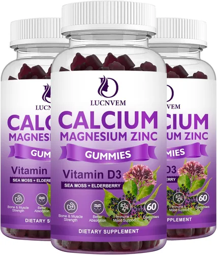 Vista 8 de Gomitas de calcio y magnesio y zinc sin azúcar con saúco y musgo marino, calcio y magnesio 2:1, glicinato de magnesio, potasio y vitamina D3