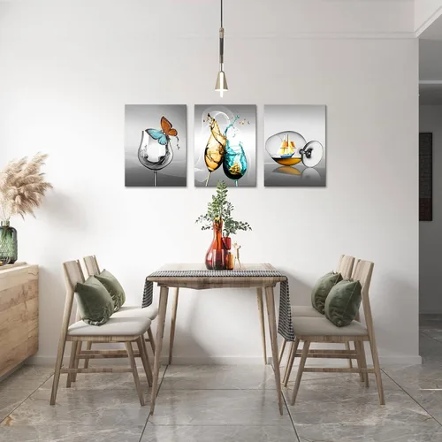 Vista 2 de LyerArtork 3 piezas de lienzo de cocina, arte de pared, copa de vino con mariposa, velero, impresión de imagen sobre fondo gris, pintura moderna