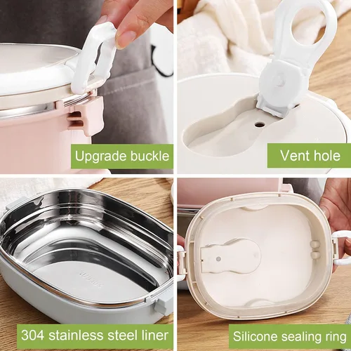 Vista 4 de LIZEALUCKY Caja Bento Contenedor de alimentos aislado con asa plegable, lonchera caliente apilable portátil de acero inoxidable aislada lonchera