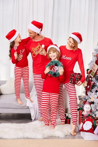 Vista 4 de Ekouaer Conjunto de pijamas familiares de Navidad a juego de manga larga para parejas, pijamas navideñas para mujeres, hombres, niños y niñas