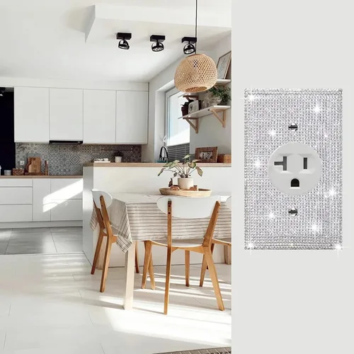 Vista 39 de Placa de pared con diamantes de imitación plateados brillantes plateados, placa de cubierta de interruptor de luz, cubierta de enchufe de grano