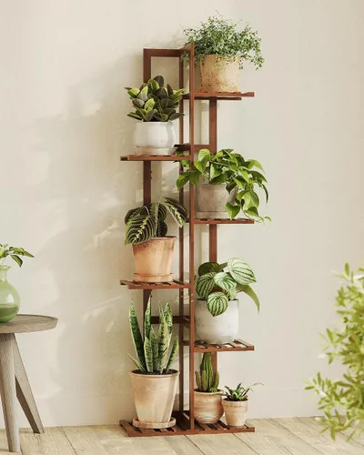 Vista 12 de Bamworld Soporte de bambú para plantas de interior con 6 niveles, estante de plantas de exterior, soporte de esquina para múltiples plantas, soporte