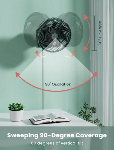 Vista 2 de Comoistar Ventilador pequeño oscilante de 10 pulgadas para montaje en pared con control remoto y temporizador, 4 velocidades, adaptador incluido
