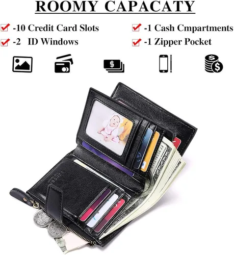 Vista 2 de FALAN MULE - Cartera de cuero auténtico para mujer, pequeña plegable , compacta, con interferencia de radiofrecuencia (RFID)