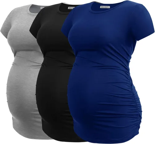 Vista 10 de Smallshow - Camiseta de maternidad para mujer, lados fruncidos, tipo túnica, prendas para el embarazo Verde militar-negro-gris profundo